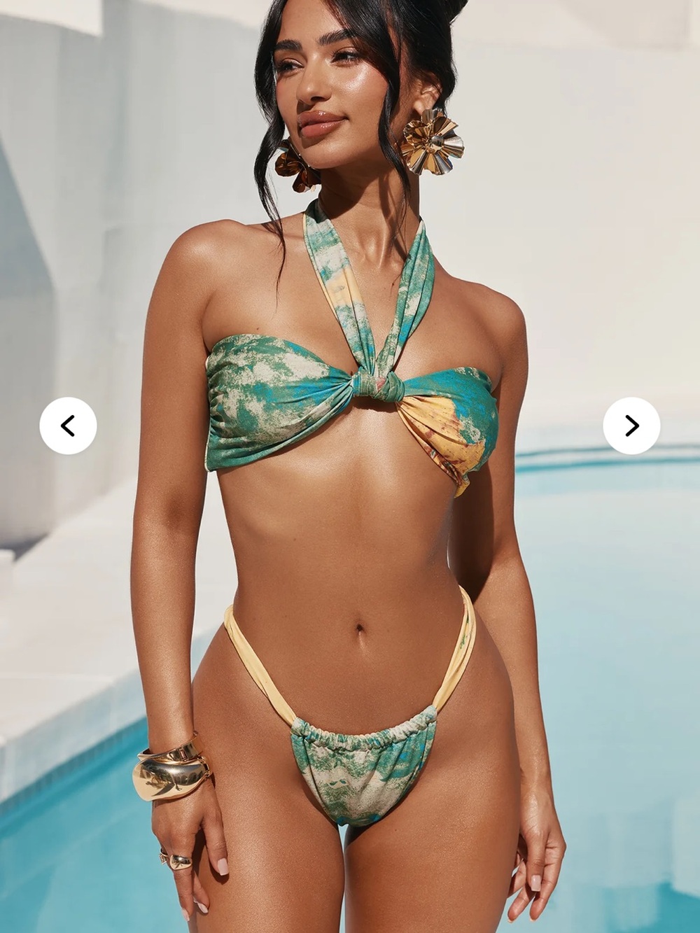 Fashion Nova Green & Yellow Tie-Dye Halter Bandeau Bikini